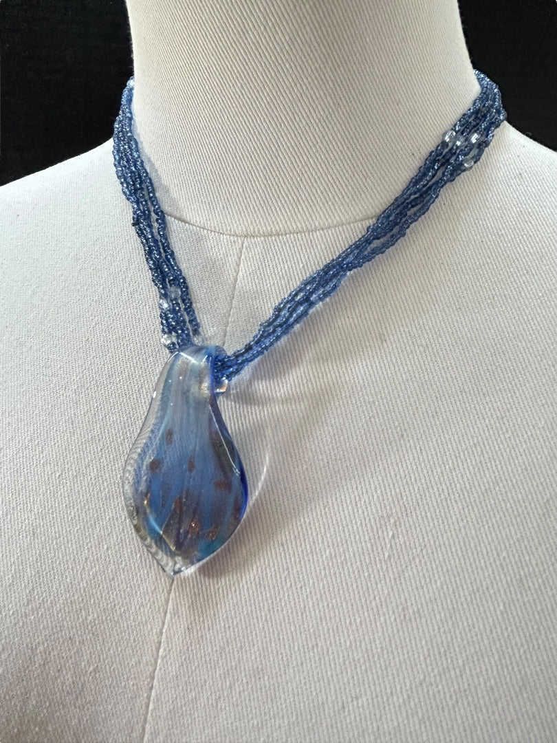 Multistrand Blue Necklace Glass Pendant 17-19 Inch Spring Clasp