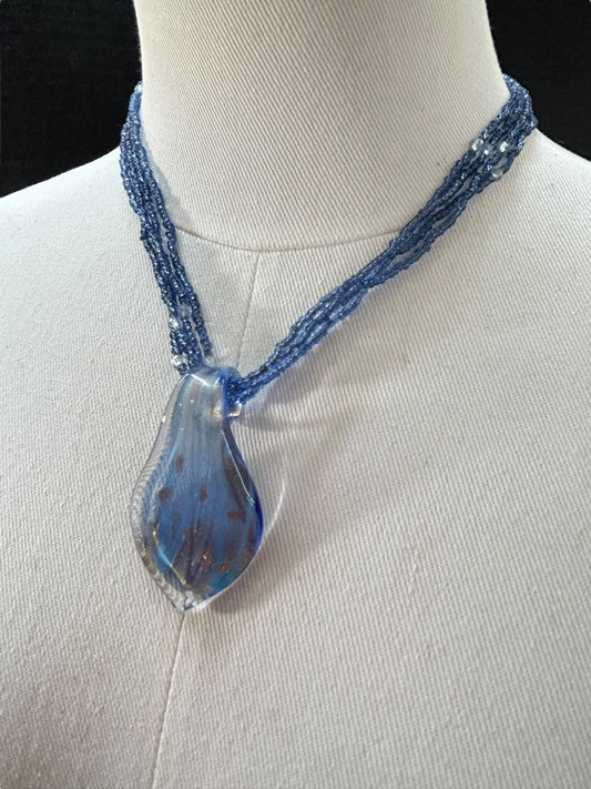 Multistrand Blue Necklace Glass Pendant 17-19 Inch Spring Clasp