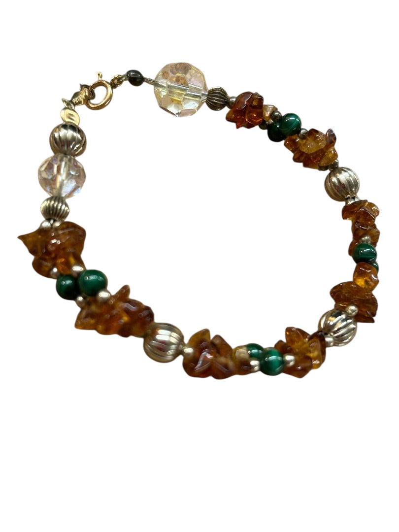 Dual Strand Beaded Braclelet 14K Gold Filled Amber Green 6.75" Spring Clasp