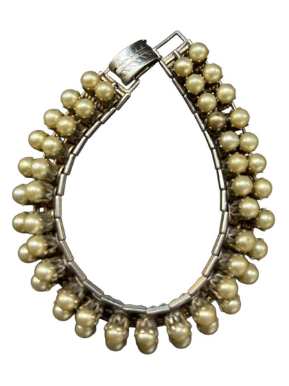 Vintage Faux Pearl Silvertone Bracelet Foldover Clasp 7 Inch