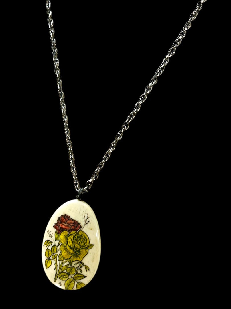 Vintage Silvertone Pendant Necklace Rose Yellow Red 23 Inch Spring Clasp