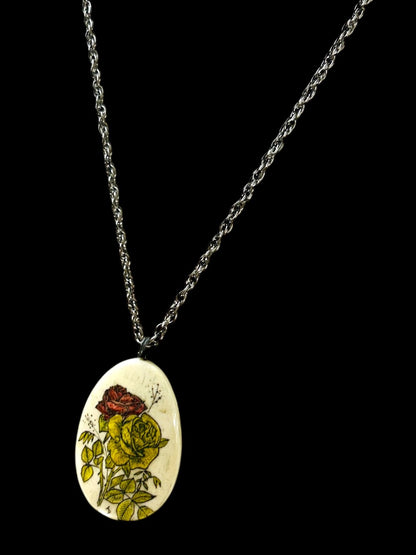 Vintage Silvertone Pendant Necklace Rose Yellow Red 23 Inch Spring Clasp