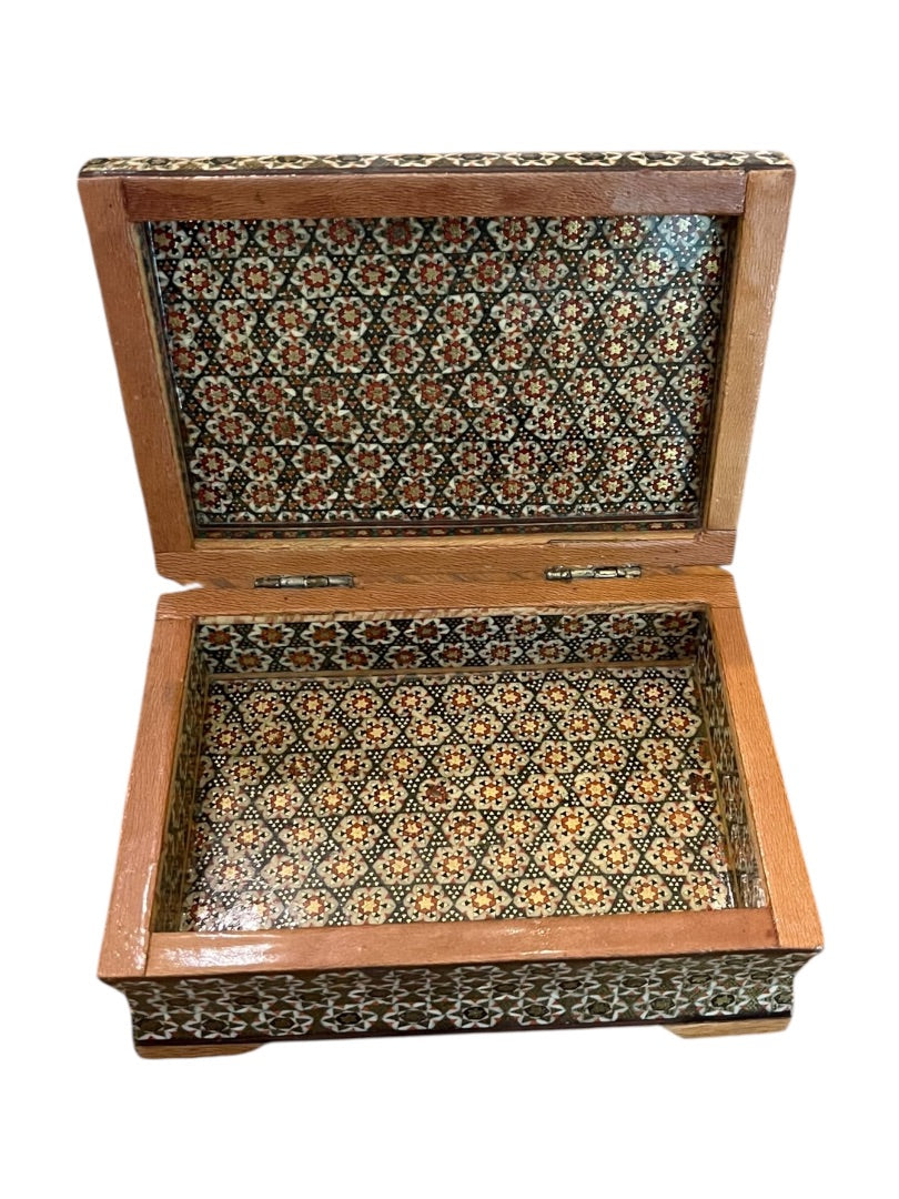 Vintage Khatam Persian Wooden Turkish Trinket Box Hinged Hand Painted