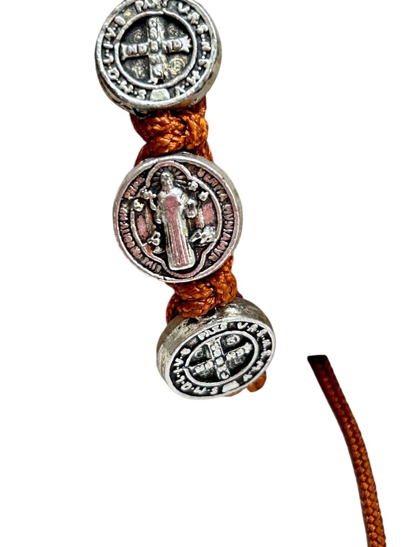 Brown St Saint Benedict Medal Silvertone 8" Adjustable Cord Bracelet