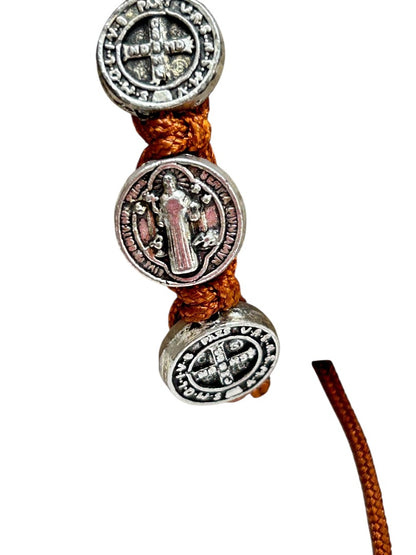 Brown St Saint Benedict Medal Silvertone 8" Adjustable Cord Bracelet