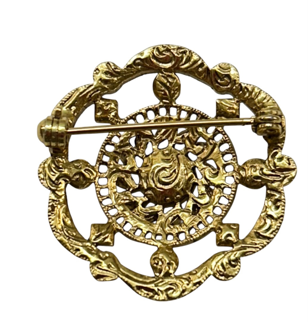 Vintage Brooch Goldtone Filigree Aurora Borealis Crystal 1.25 Inch