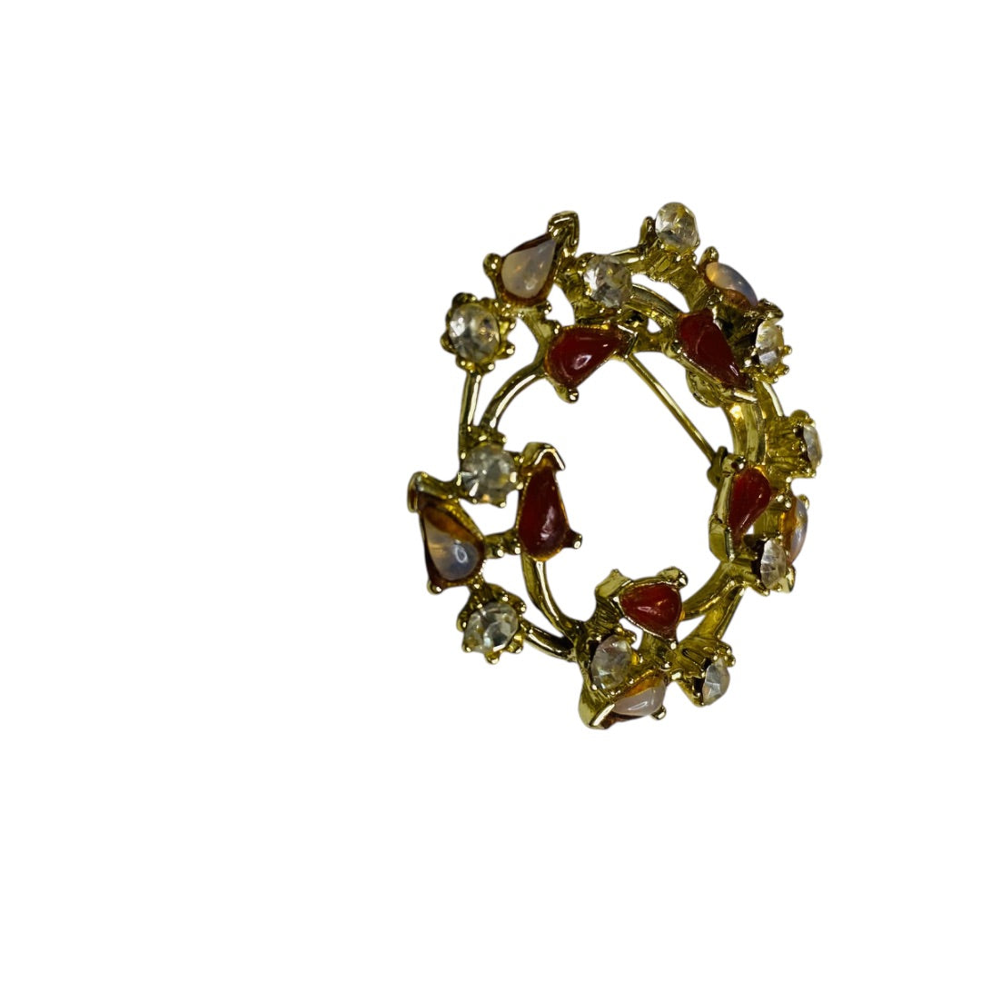 Vintage Goldtone Wreath Brooch Pin Orange Clear 1.5 Inch