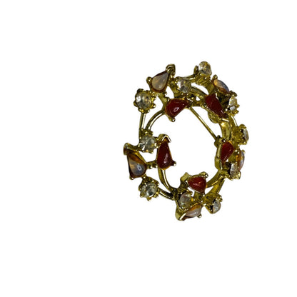 Vintage Goldtone Wreath Brooch Pin Orange Clear 1.5 Inch
