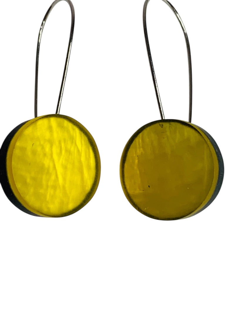 Yellow Black Wire Hook Pierced Earring Circle 1.5 Inch Drop Lightweight