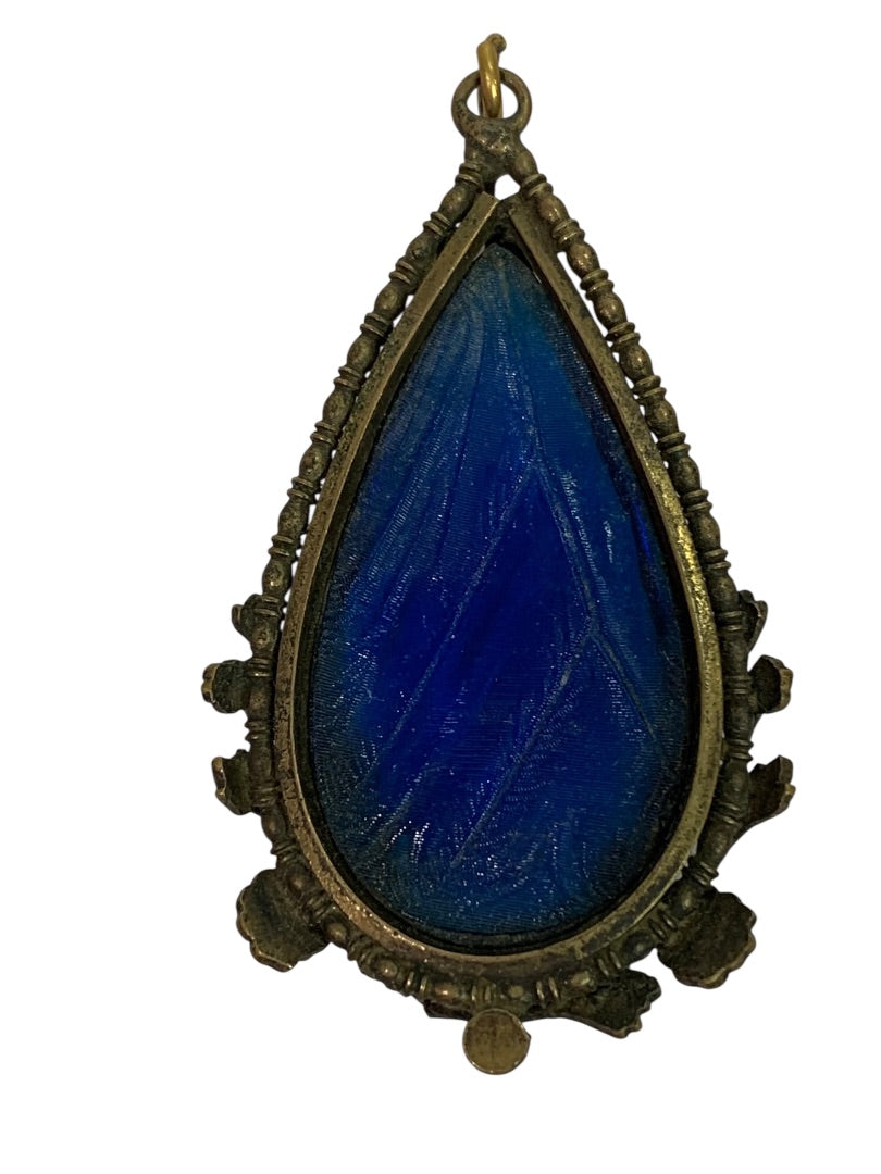 Vintage Statement Pendant Goldtone Floral Setting Blue Acrylic 2.6 Inch Drop