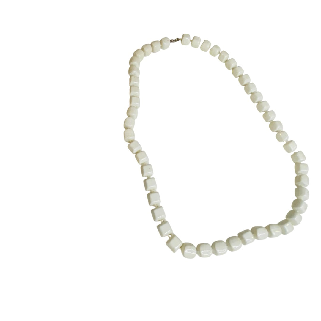 Vintage White Square Beaded Necklace 24 Inch Spring Clasp