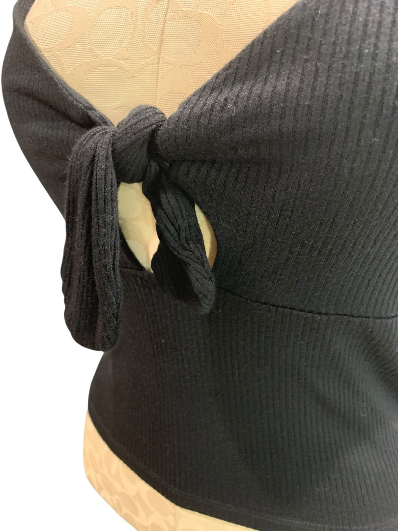 Large Forever 21 Crop Tank Top Shirt Womens Black Ribbed Tie Front