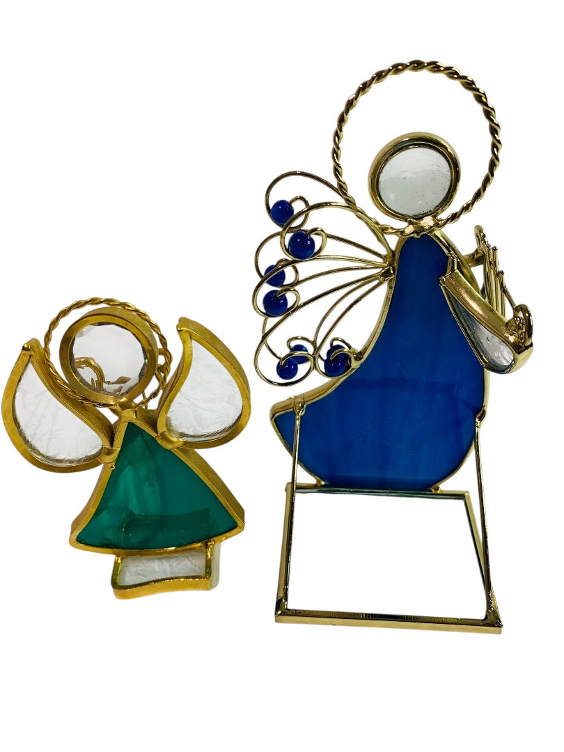 Vintage Tabletop Stained Glass Angels Goldtone Blue Green