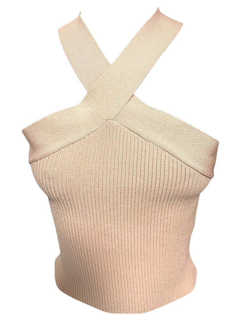 Medium Allie Rose Elegant Criss Cross Cropped Halter Top Pink