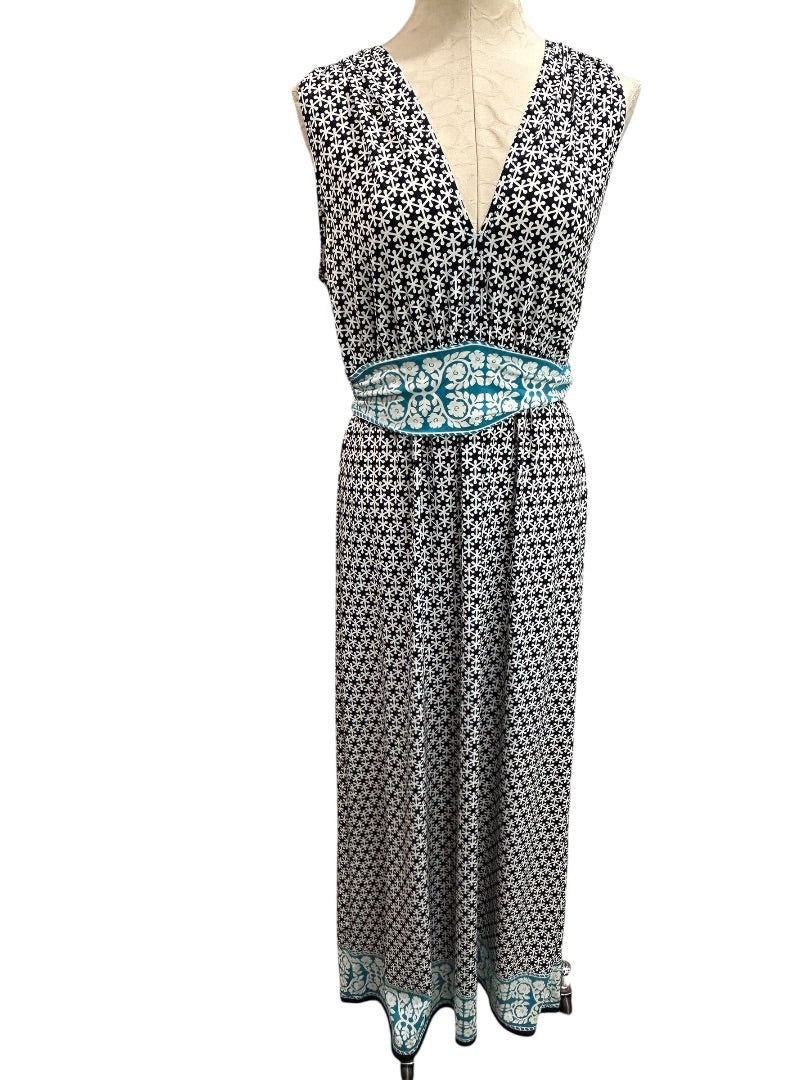 Medium Max Studio Sleeveless Print Maxi Dress V-Neck Navy Blue Teal V-Neck