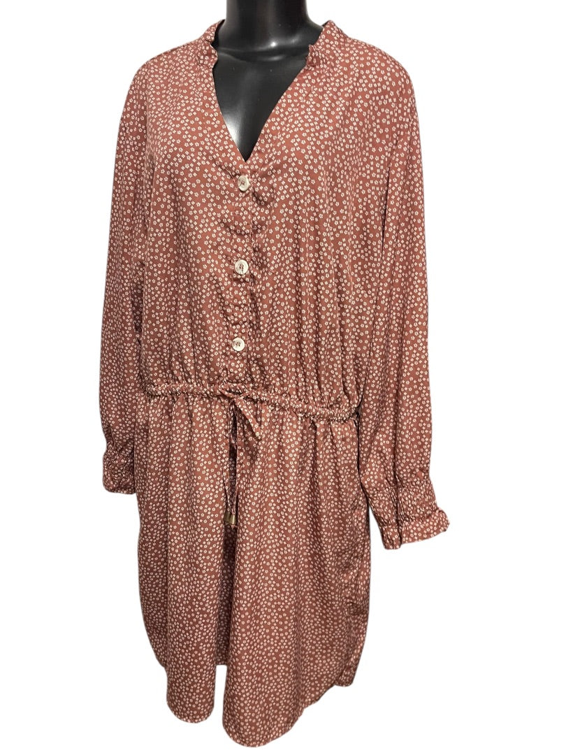 3X Indulge Floral Long Sleeve Tie Waist  Dress Brown Retro