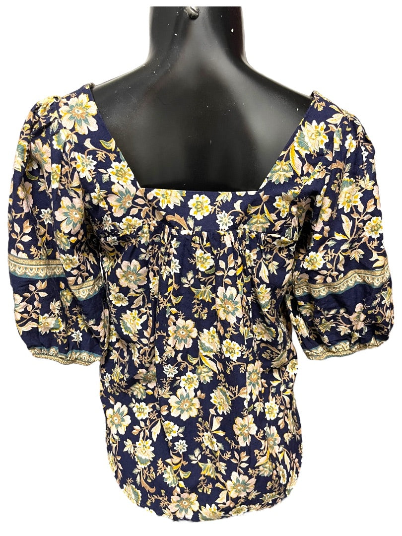 XS Roan + Ryan Square Neck Floral Short Sleeve Womens Shirt Boho