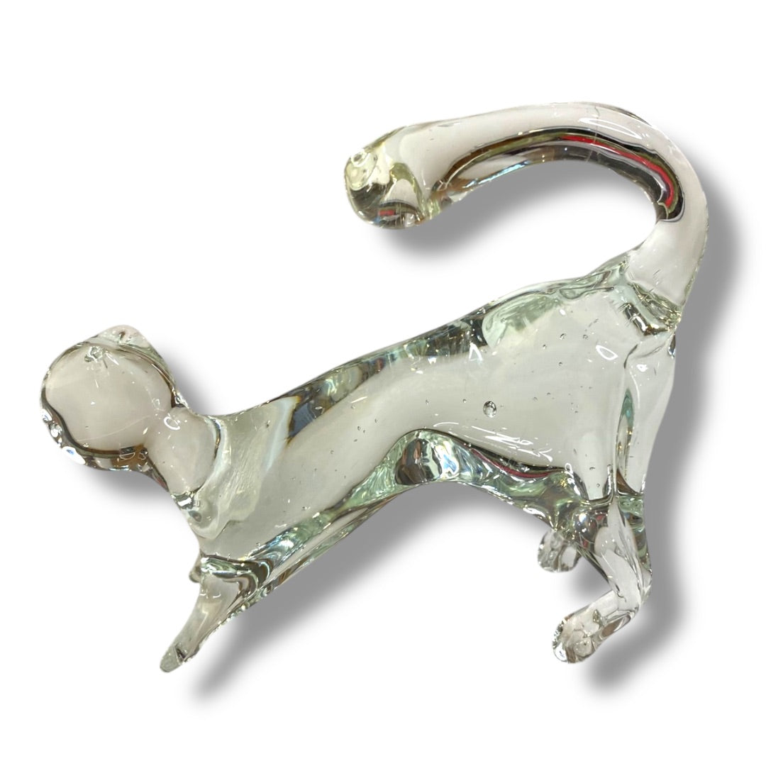 Handblown Glass Clear Cat Stretching 3.5"h x 4.25"l