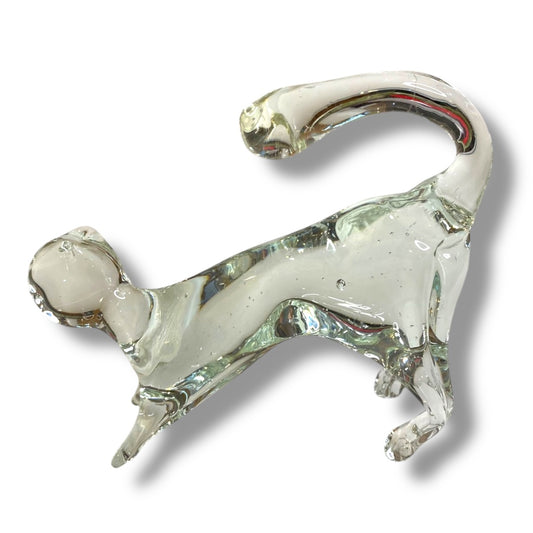 Handblown Glass Clear Cat Stretching 3.5"h x 4.25"l