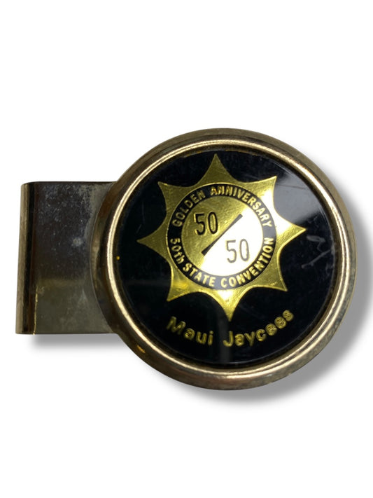 Vintage Maui Jaycees Money Clip Goldtone Black 50/50 Golden Anniversary