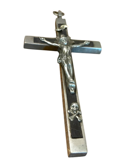Antique Silvertone Crucifix with Skull and Crossbones Golgotha INRI Cross Convent 5.5"