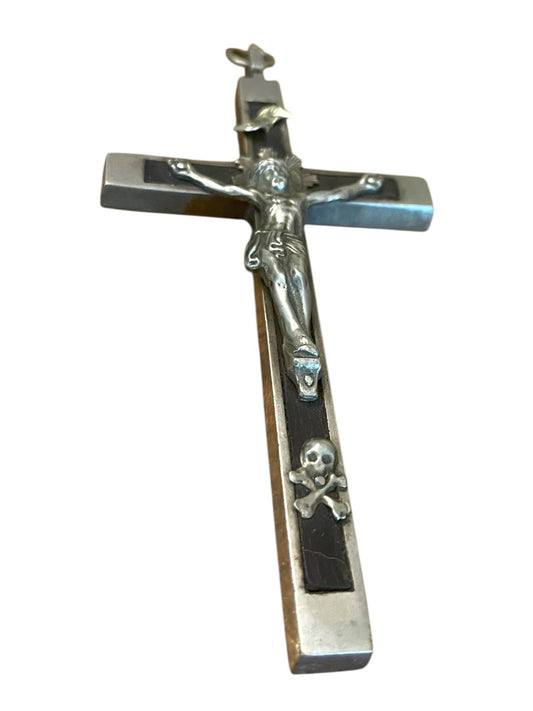 Antique Silvertone Crucifix with Skull and Crossbones Golgotha INRI Cross Convent 5.5"