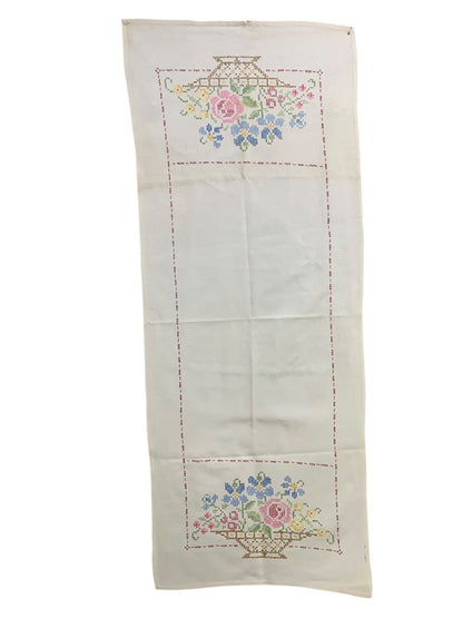 Vintage Cross Stitch Table Runner Floral Staining 17" x 42"