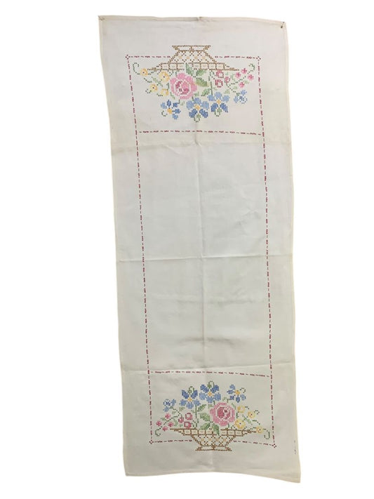 Vintage Cross Stitch Table Runner Floral Staining 17" x 42"