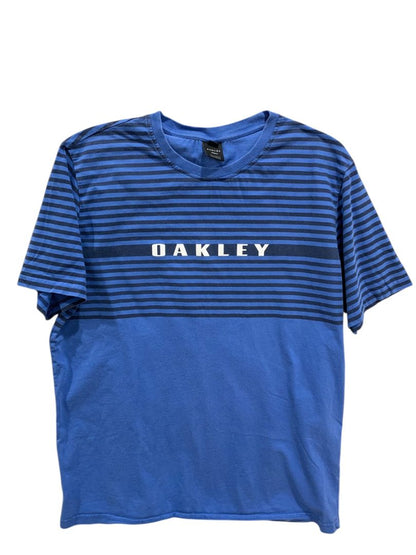 Large Oakley Tshirt Mens Blue Stripes Logo Custom Fit Short Sleeve