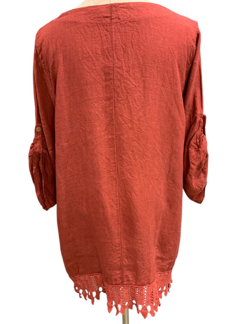 1X Lungo L'arno Womens Crochet Trim Tunic Scoop Neck Roll Tab Sleeve Linen