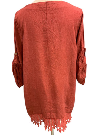 1X Lungo L'arno Womens Crochet Trim Tunic Scoop Neck Roll Tab Sleeve Linen