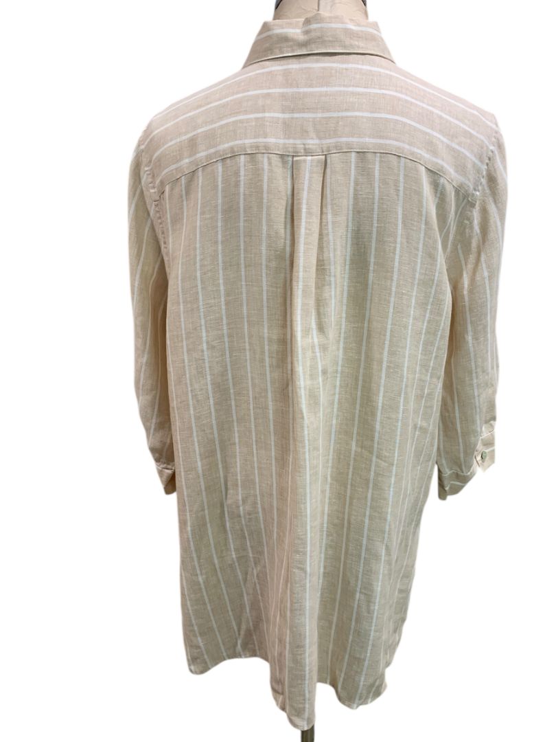 Size XL Chicos Womens Linen Tunic Button Up Blouse Shirt Tan White Stripe
