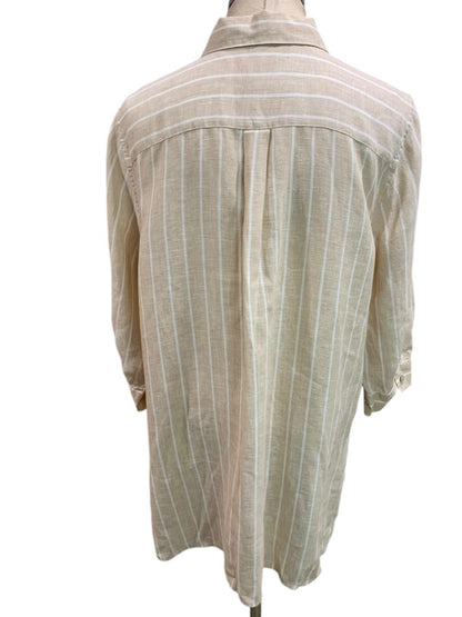 Size XL Chicos Womens Linen Tunic Button Up Blouse Shirt Tan White Stripe