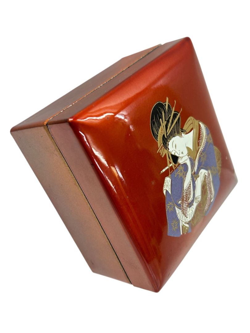 Japanese Lacquerware Box of 6 Coasters Geisha Design 2.8" Square