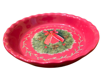 10" Nantucket Home Wreath Pie Plate Red Baking Dish Christmas