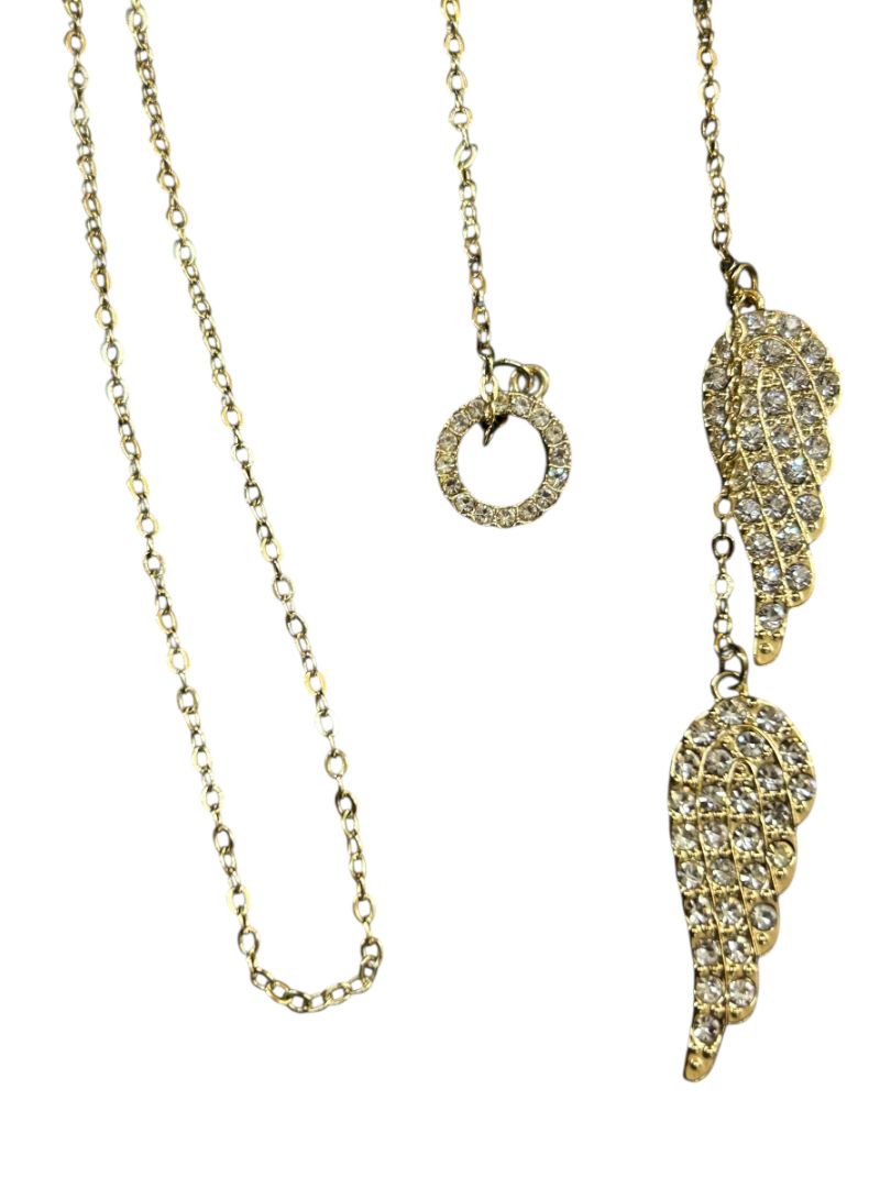 Goldtone Necklace Overhead Adjustable Feathers Rhinestones 26"