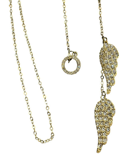 Goldtone Necklace Overhead Adjustable Feathers Rhinestones 26"