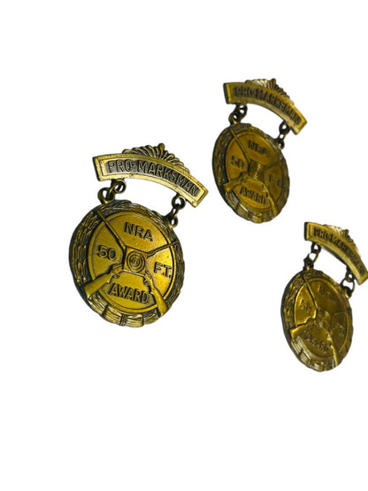 Vintage NRA Pro-Marksman 50ft Award Badge Medal 1.9" Pin Set of 3 Blackinton