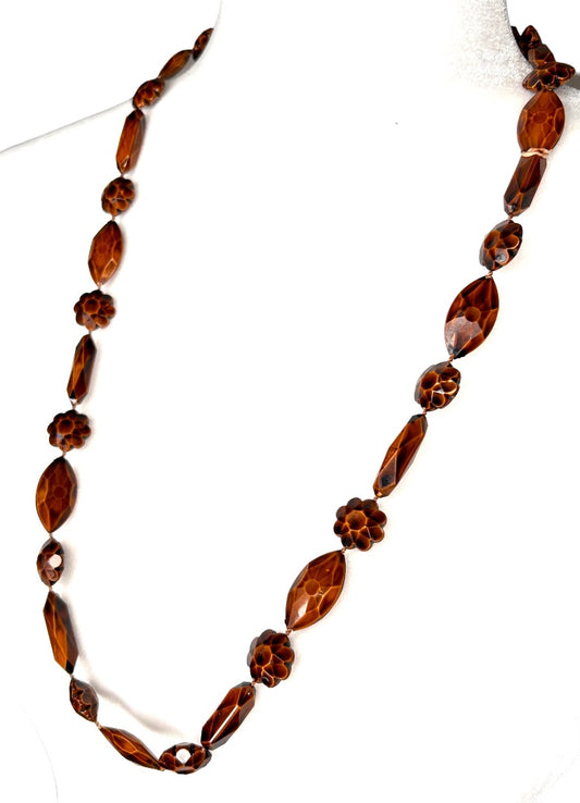 Plastic Wood Look Floral Faceted Beaded Necklace 29" Strand Boho Festival 1970s Vintage