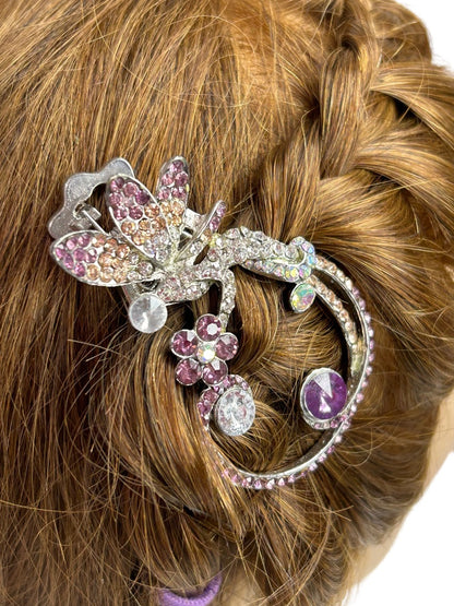 Purple Pink Rhinestone 3.5" Hair Clip Hair Accessory Formal Silvertone