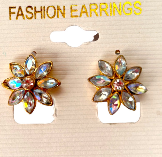 1990s Clip On Clear Crystal Flower Earrings 3/4" Diameter Non-Pierced Goldtone