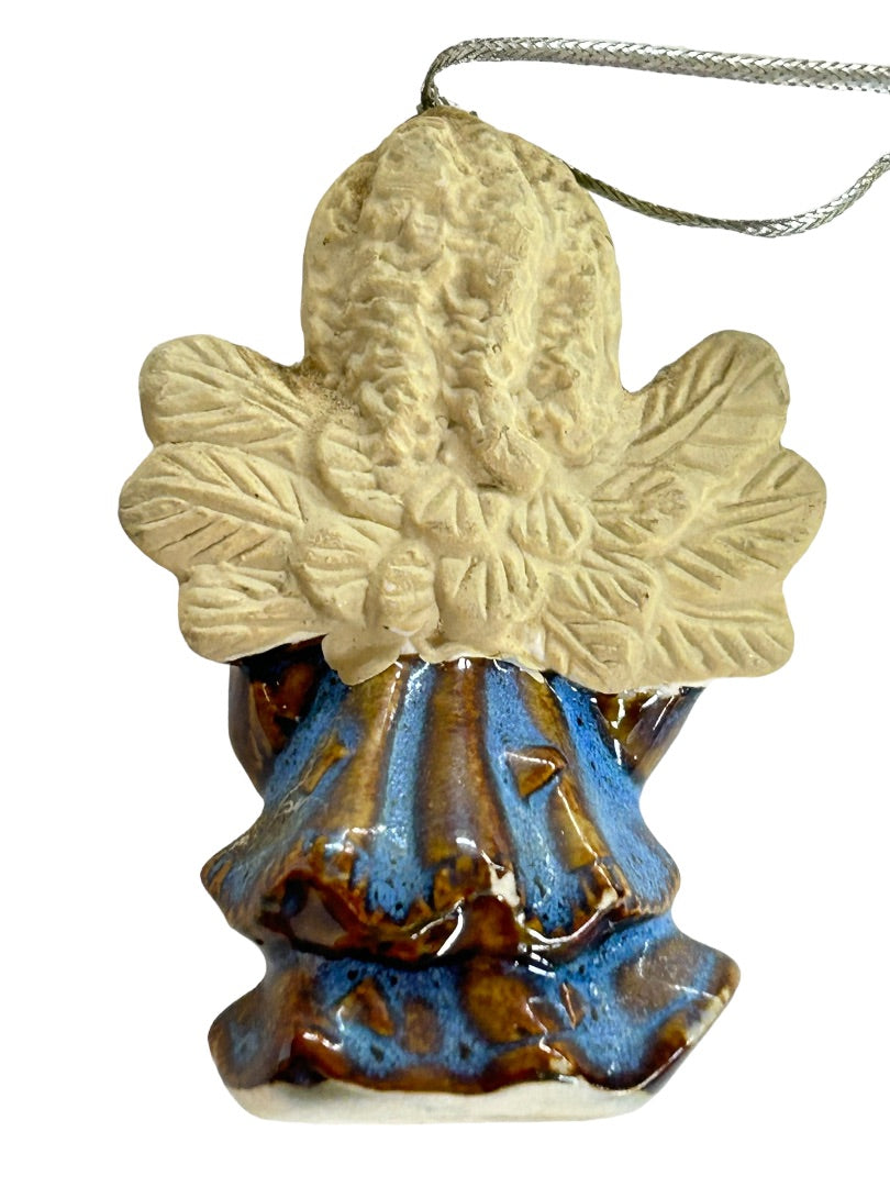 Stoneware Angel Ornament Holiday Christmas Blue Dress Accordian 2.5"h