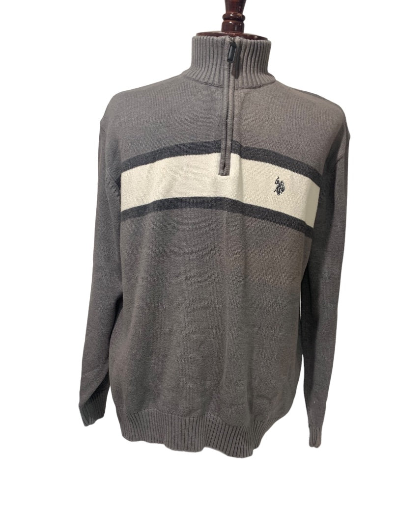 XL U.S. Polo Assn Mens Gray Stripe 1/4 Zip Pullover Sweater 100% Cotton