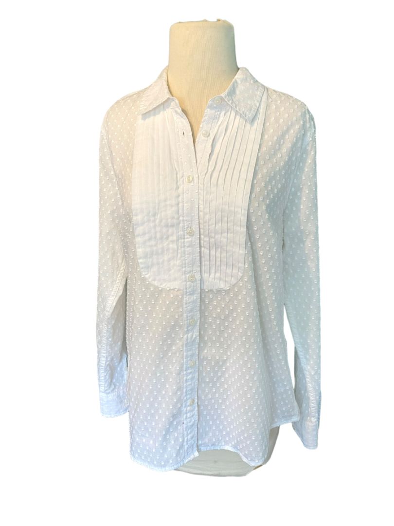 Size 10 TALBOTS Oprah Collection White Swiss Dot Pintucked Button Front Shirt