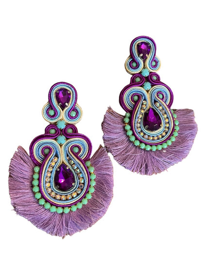 Soutache Post Earrings Purple Teardrops Fringe 4" Drop Dangle Post Pierced