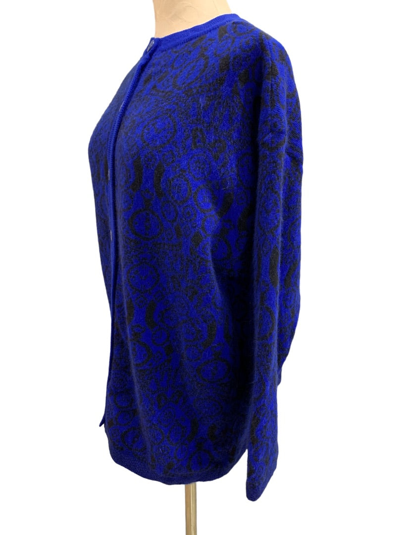 Large Benetton Womens Vintage 1980s Cardigan Sweater Royal Blue Pattern