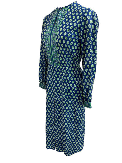 Small 1970s Mod Dress Go Go Blue Green Vintage Midi Mid Calf Union Label
