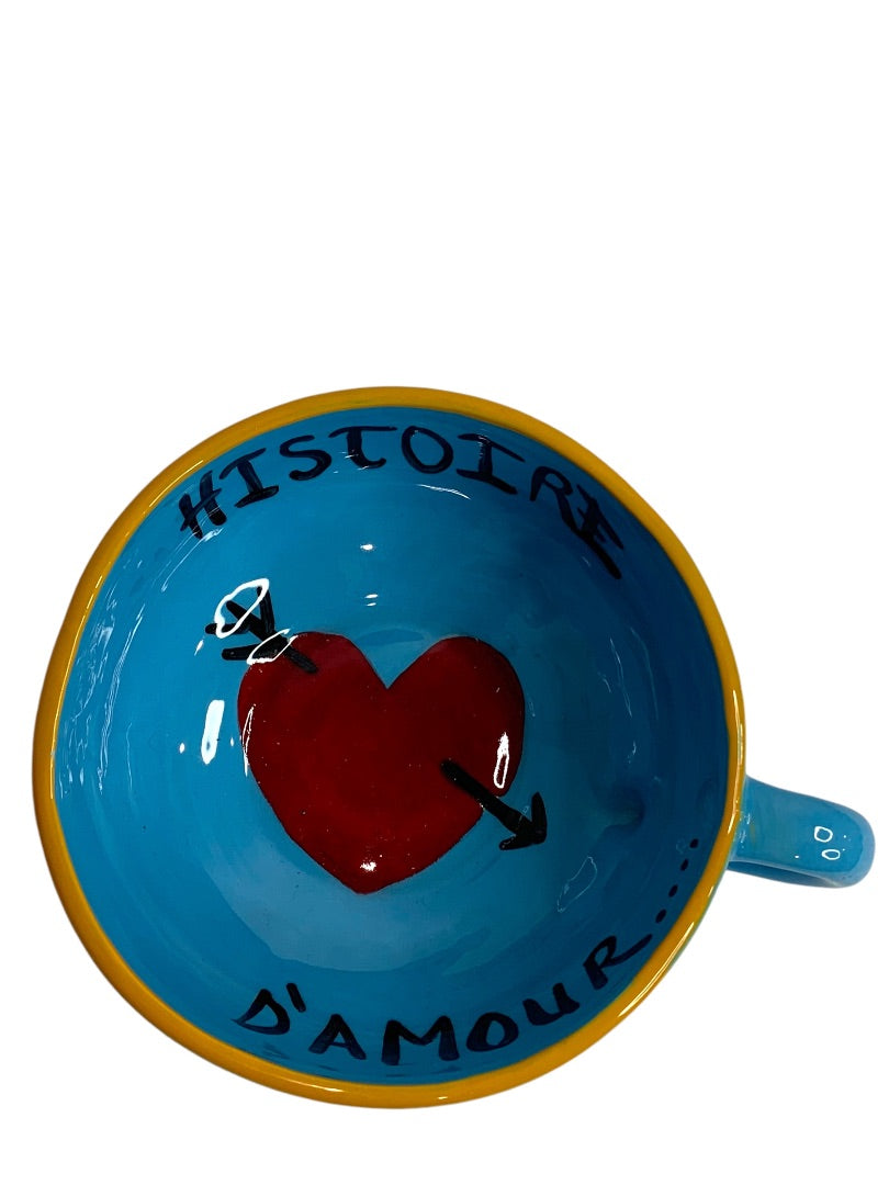 Histoire D'amour Love Story Handpainted Pottery Blue Heart Mug Cappuccino