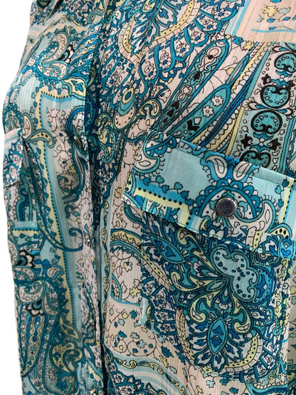 2X Rebecca Malone Plus Size Sheer Button Up Shirt Paisley Blue Silver