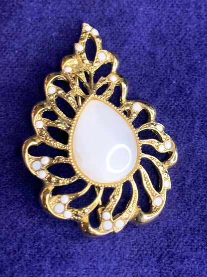 Goldtone Filigree Vintage Brooch White Stone 2.6 Inch